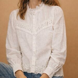 Feminine Romantic Ruffles White Eyelet cotton Lace Blouse Sezane Style Size S
